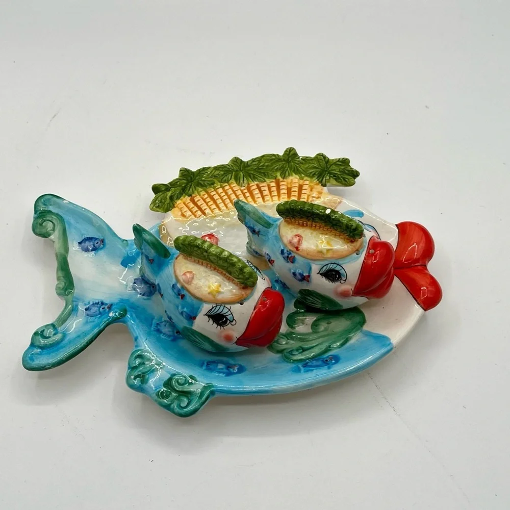 Colorful Ceramic Fish Decor with salt and pepper shakers